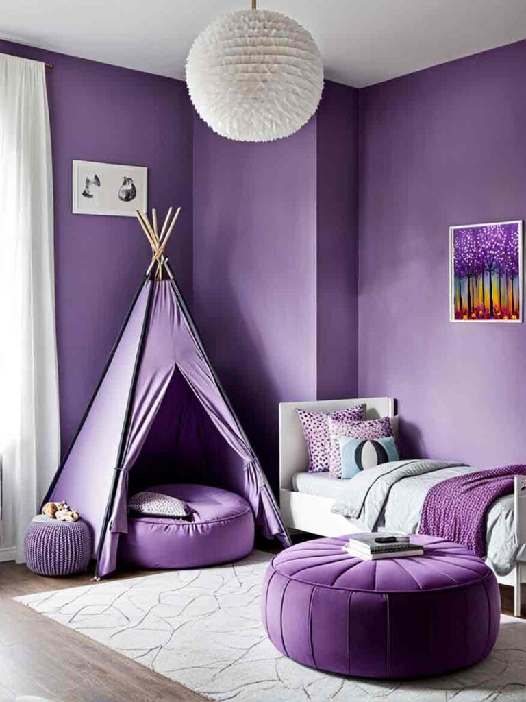 Kids purple bedroom with reading corner and with reading tent