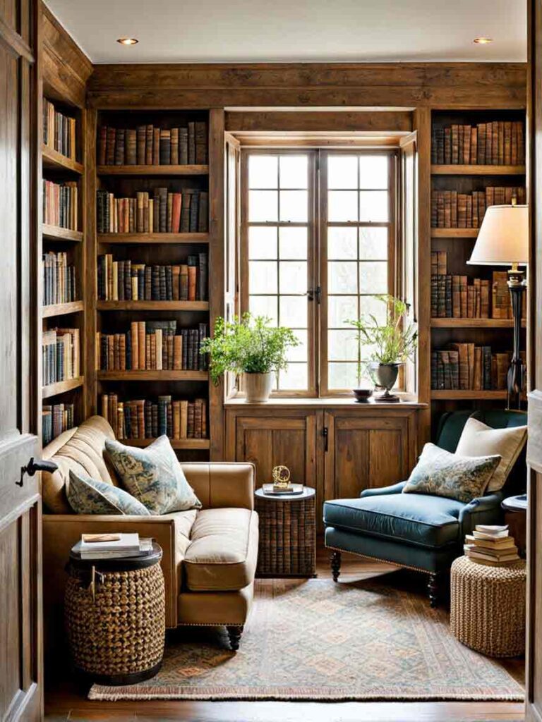 Home library room in a cottage design style