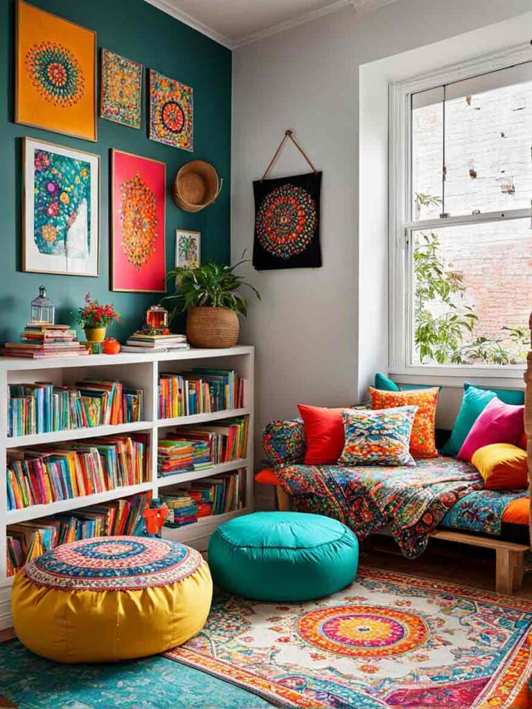 Colorful boho kids library corner