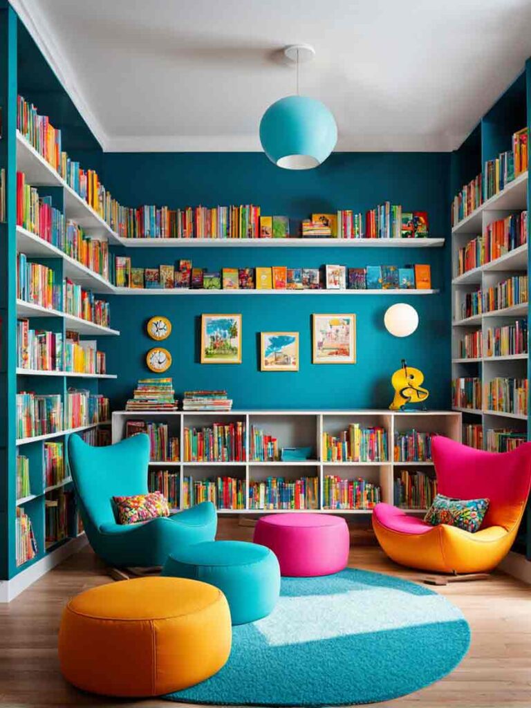 Kids library room with bright walls and library chairs