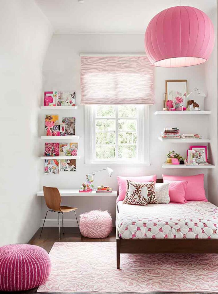 White and pink girls bedroom with writing desk