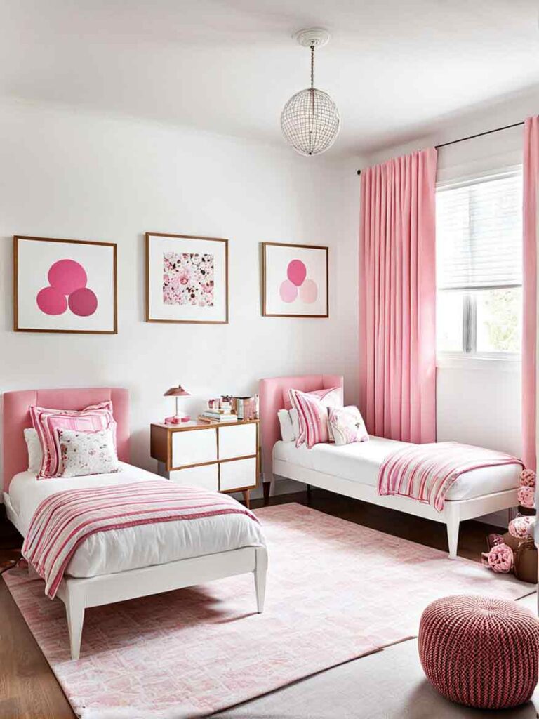 Pink and white girls bedroom with twin bed