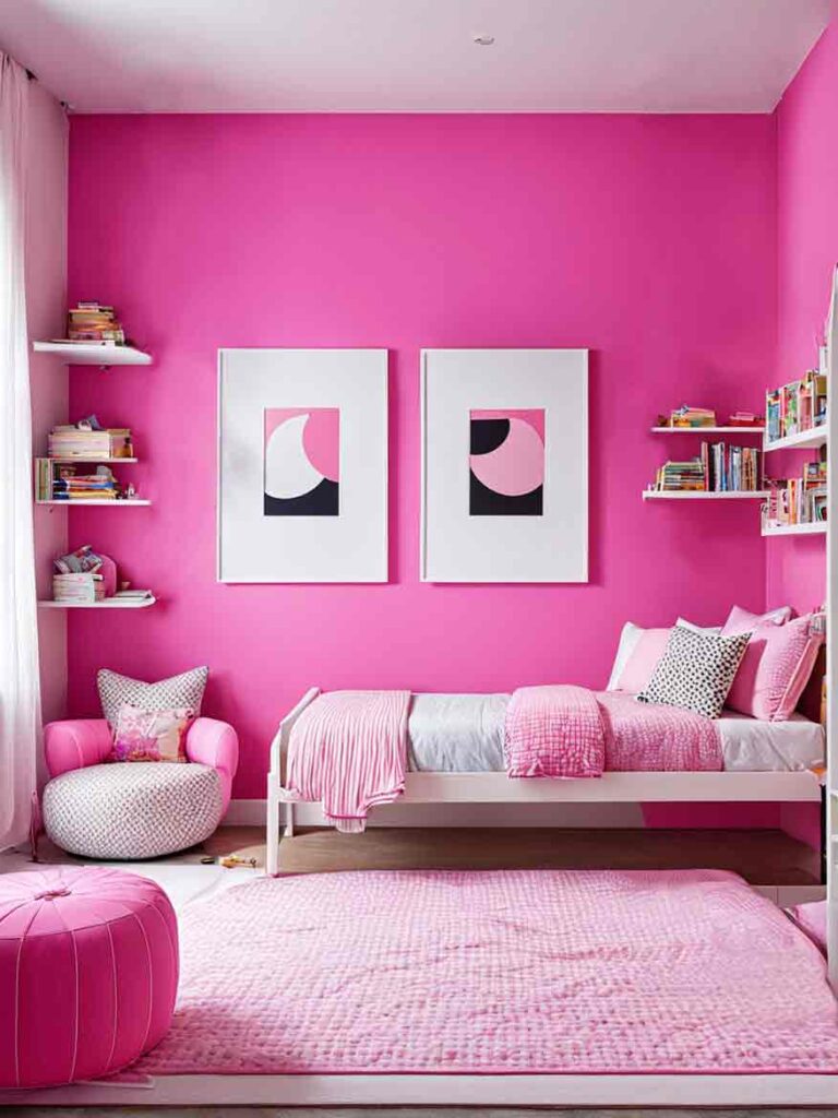 Girls bedroom with hot pink accent wall