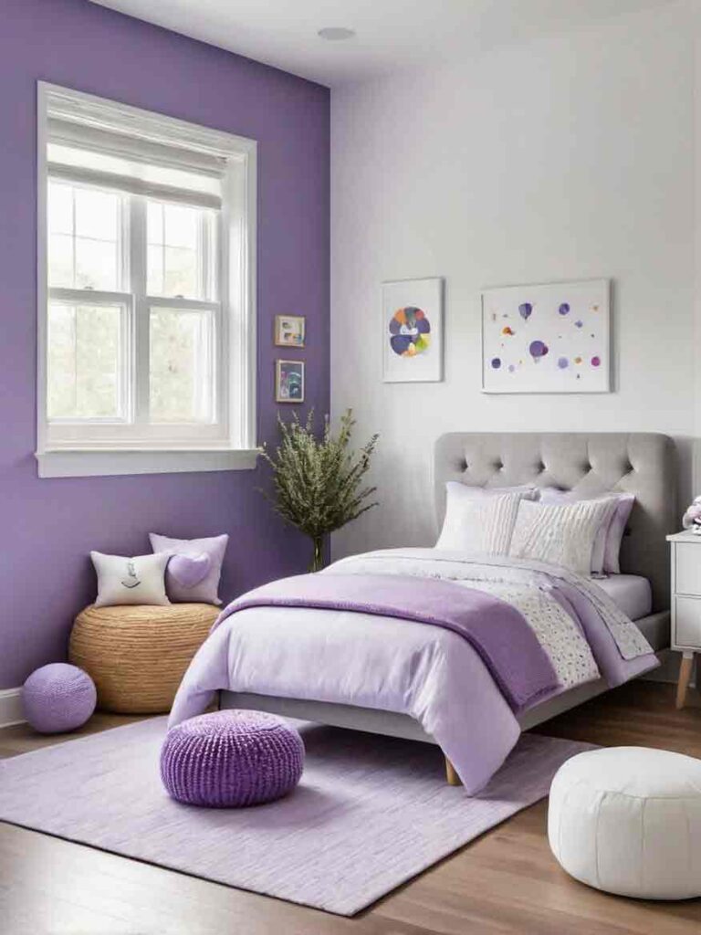 Kids bedroom with purple accent wall