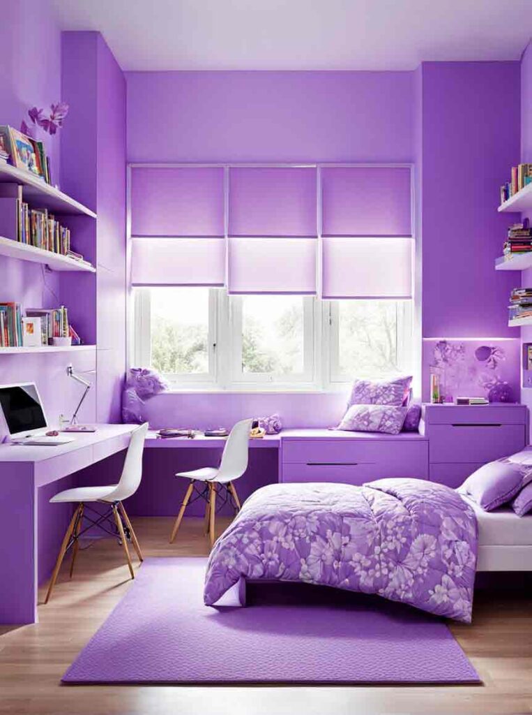 Girls bedroom with violet color scheme