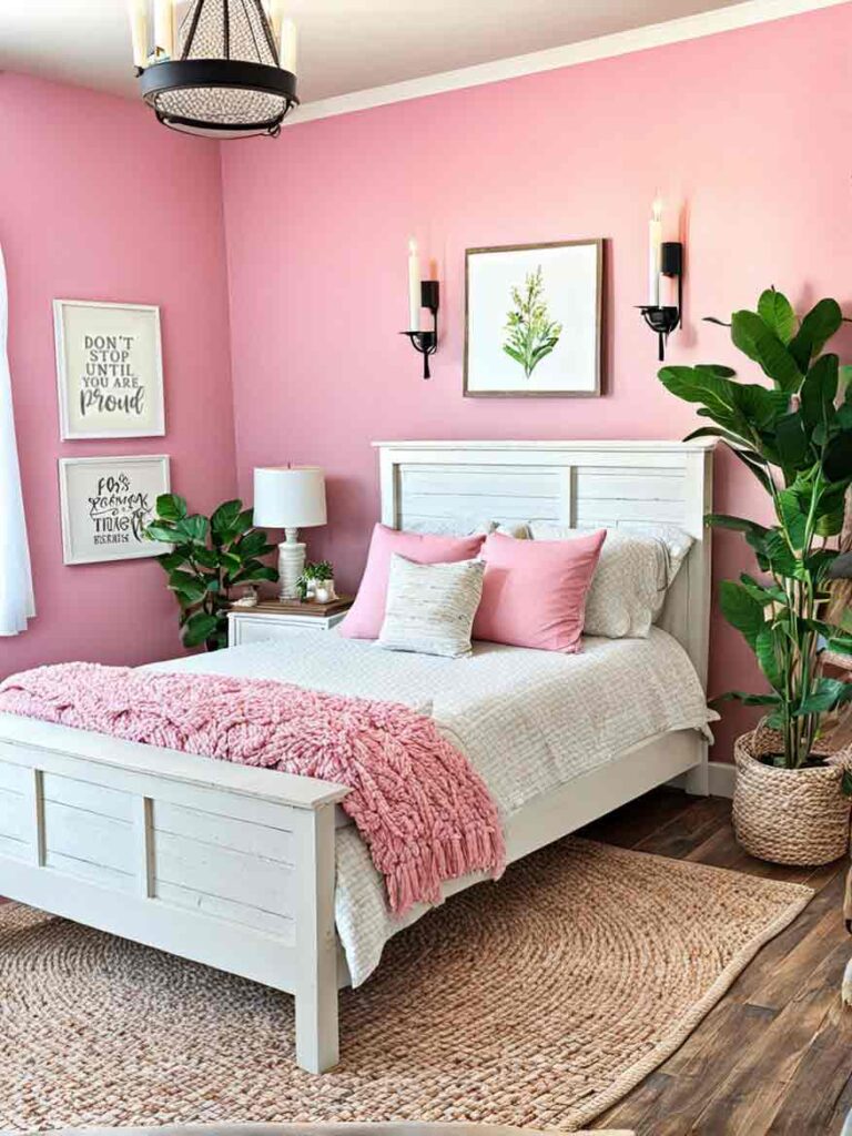 Farmhouse style girls bedroom with pink color scheme