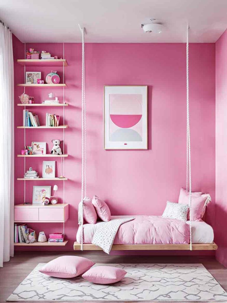 Pink girls bedroom with swing bed