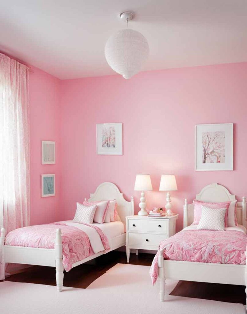 Girls pink bedroom with two beds