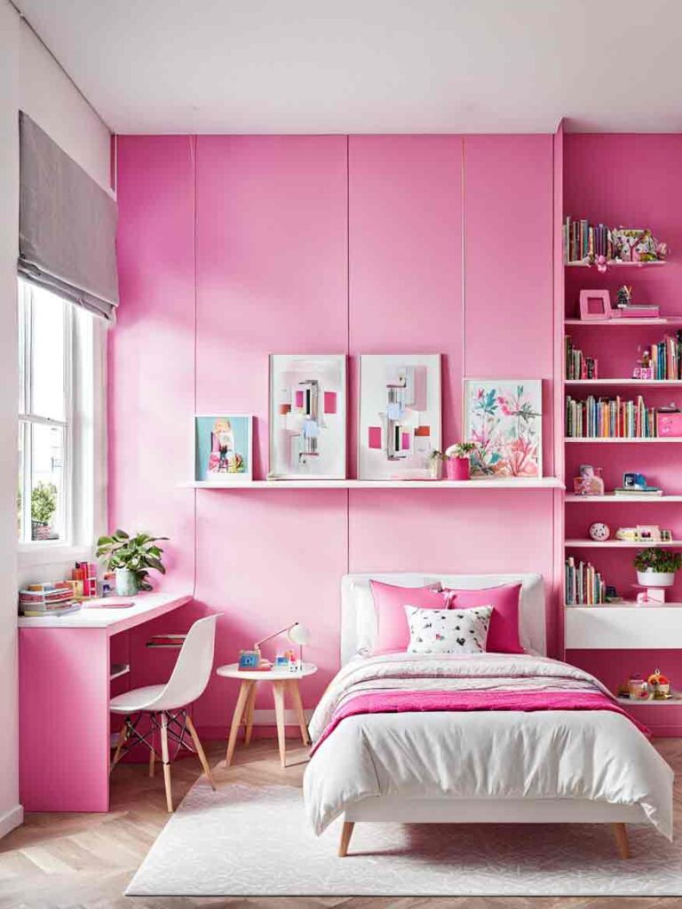 Pink and white girls bedroom with writing desk and bookcase