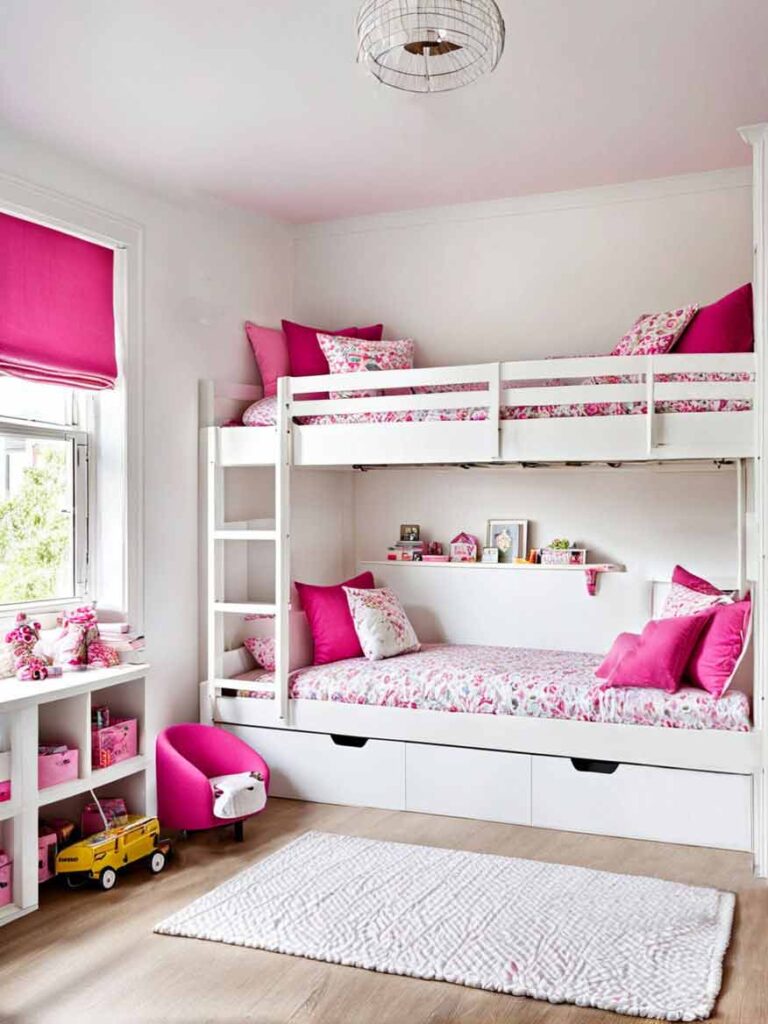 Bunk bed in girls bedroom with pink accents