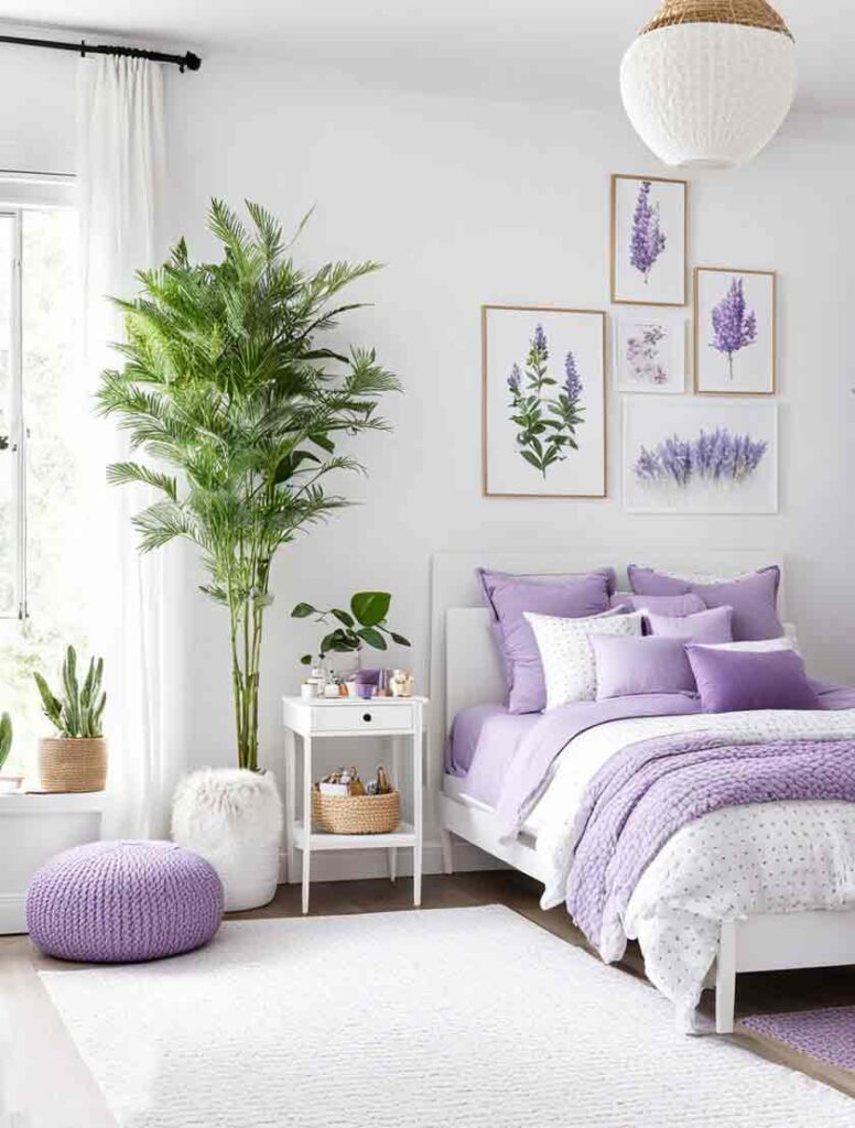 Girls white bedroom with lavender color scheme