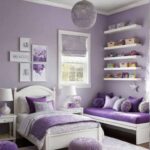 Girls purple and gray bedroom with window bench