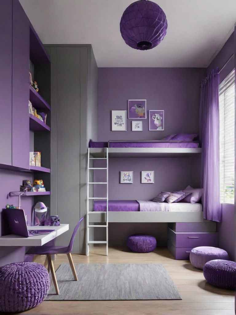 Kids purple and gray bedroom with bunk bed