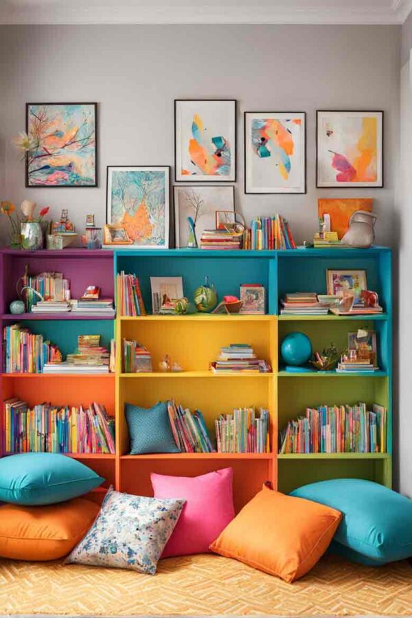 Small kids corner library with floor cushions