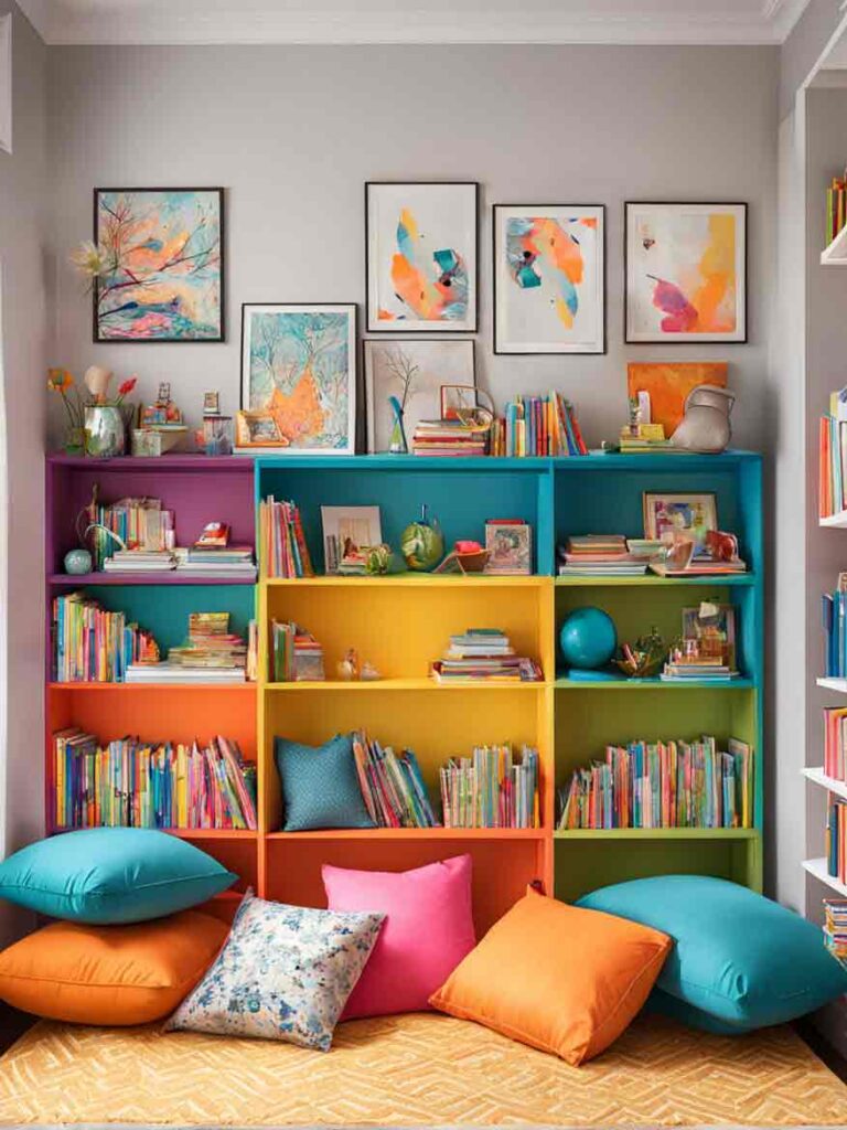 Small kids corner library with floor cushions