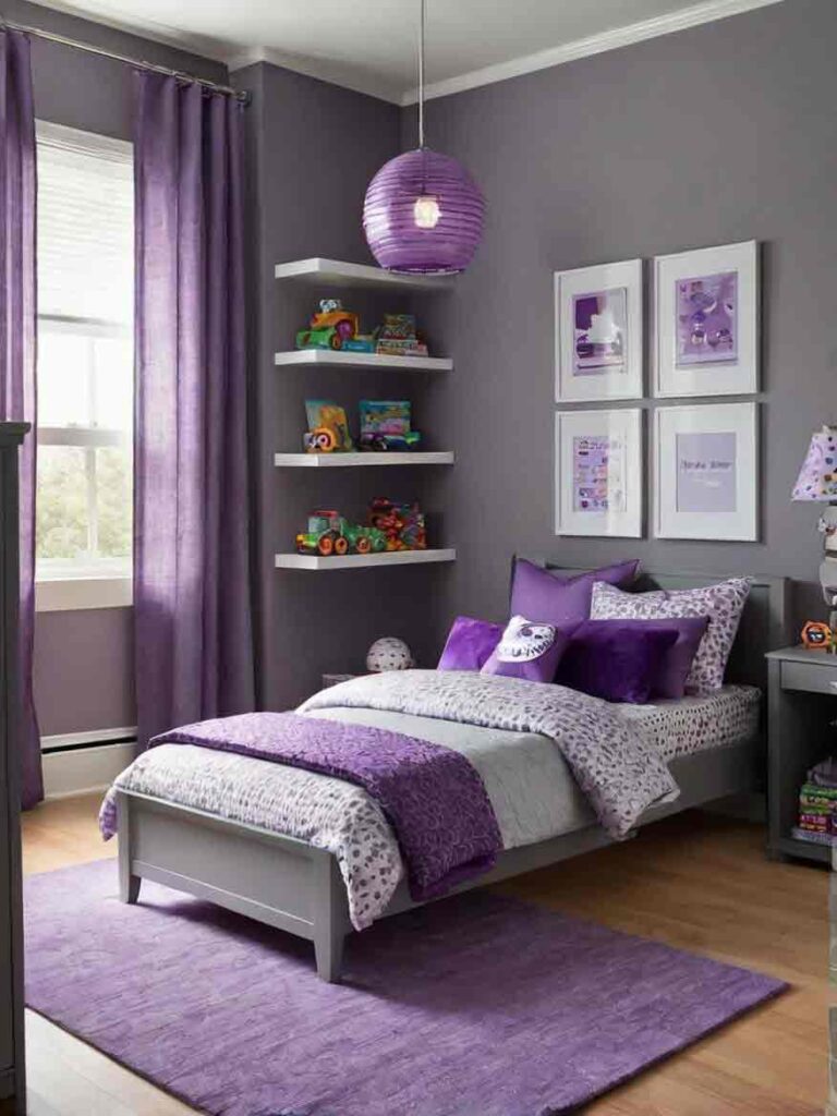 Kids bedroom with gray walls and purple color scheme