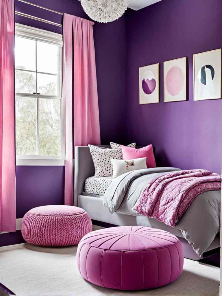 Pink and purple kids bedroom with pink poufs