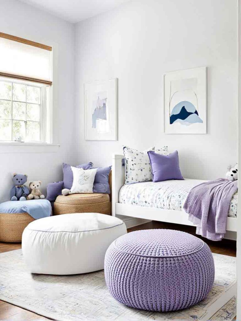 Kids white bedroom with lavender accents