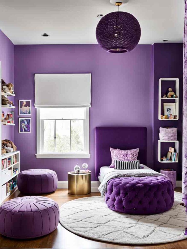 Kids purple bedroom with dark purple accents