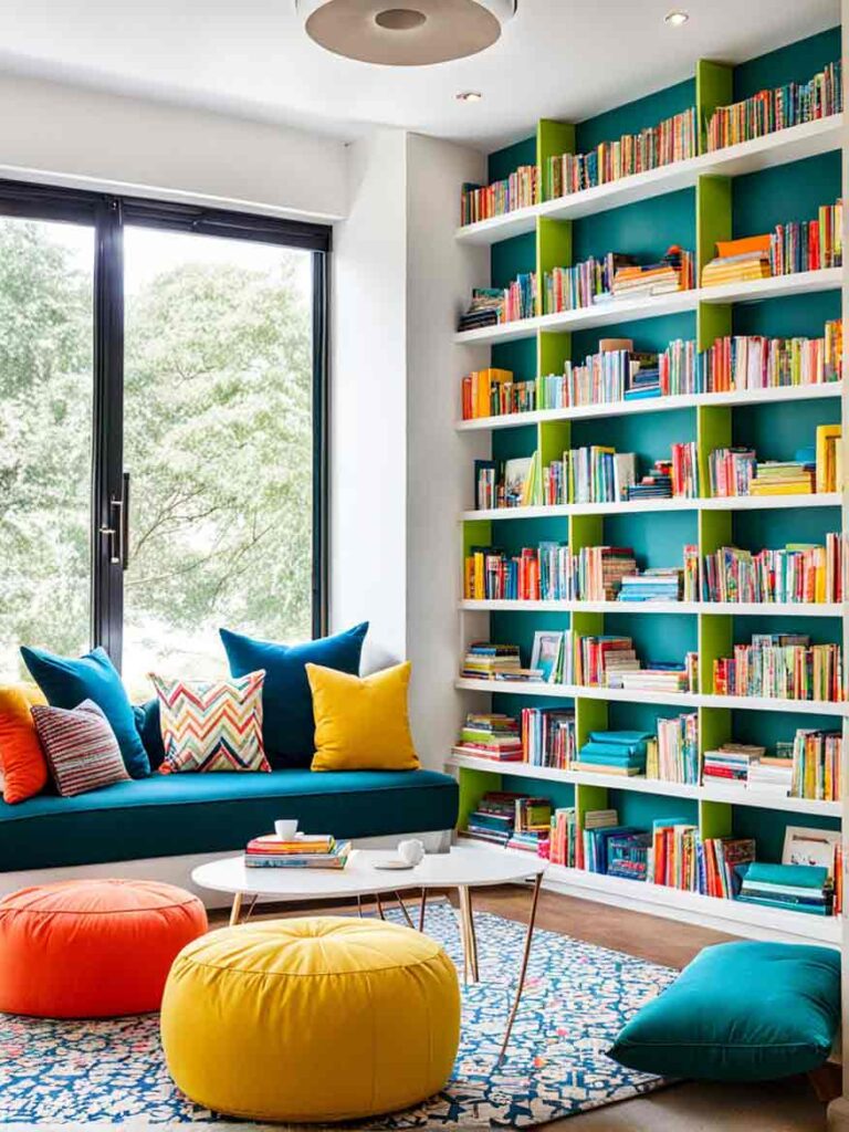 Kids home library with floor to ceiling bookshelves