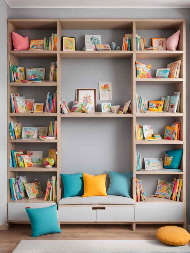 Small kids library with neutral color palette