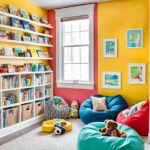 Bright and colorful kids play room with red and yellow walls