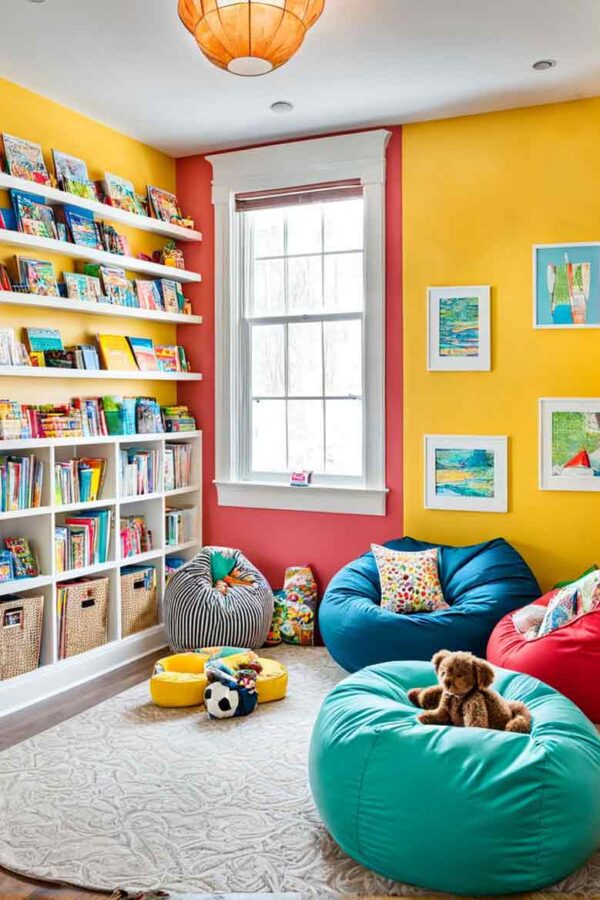 Bright and colorful kids play room with red and yellow walls