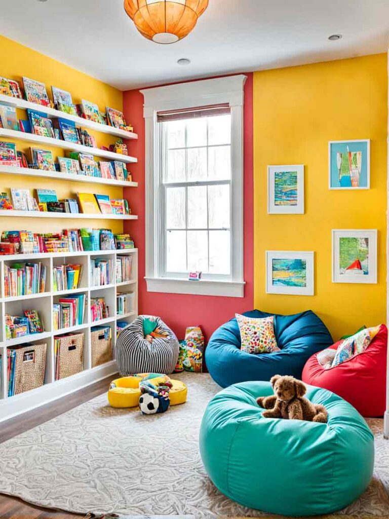 Bright and colorful kids play room with red and yellow walls