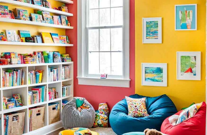 Bright and colorful kids play room with red and yellow walls