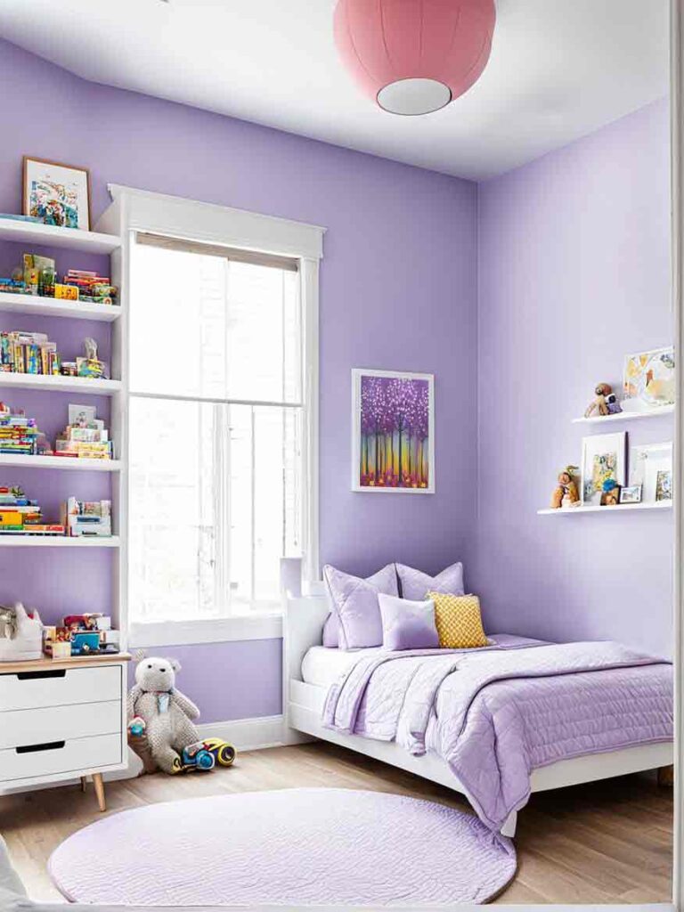 Kids purple bedroom with bookshelf