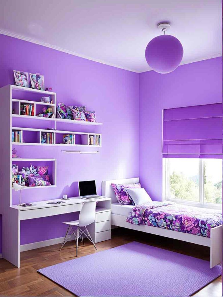 Purple teens bedroom ideas with work desk