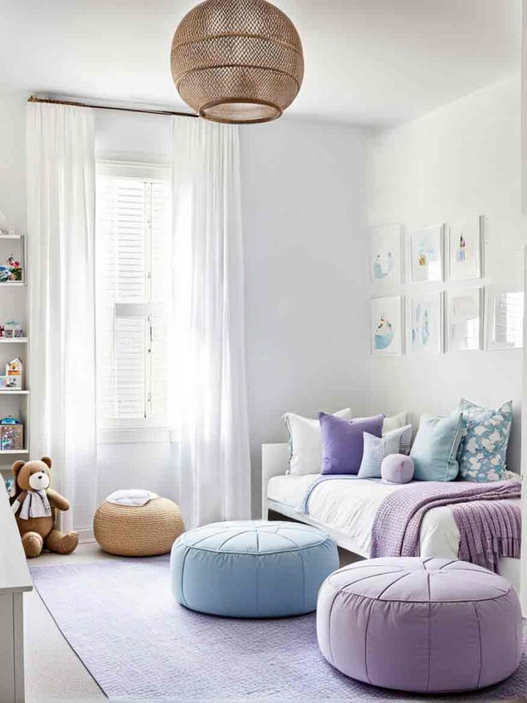 White kids bedroom with lavender and blue accent colors