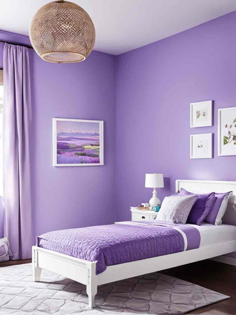 Purple bedroom with white furniture