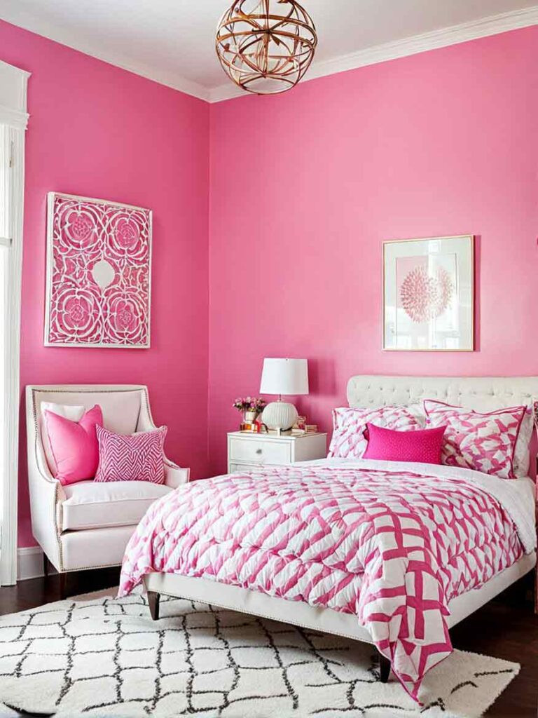 Girls bedroom with pink walls