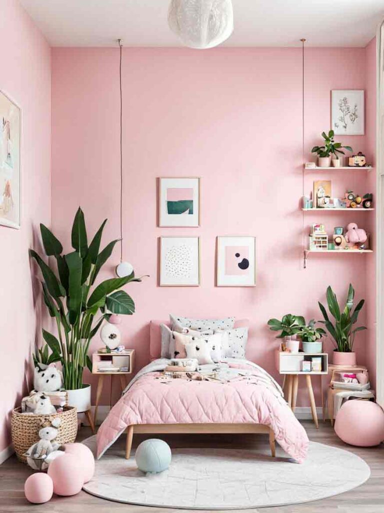 Pastel pink girls bedroom with plants