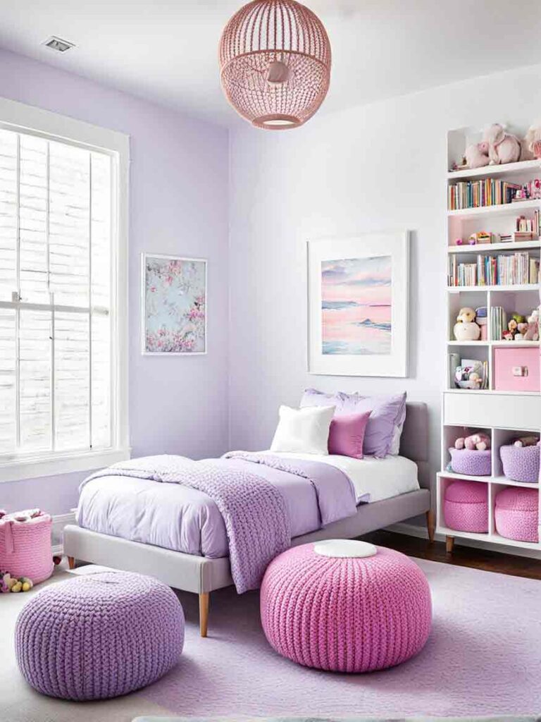 White, pink and purple kids bedroom