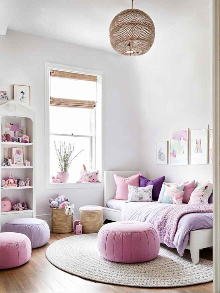 White, purple and pink kids bedroom idea