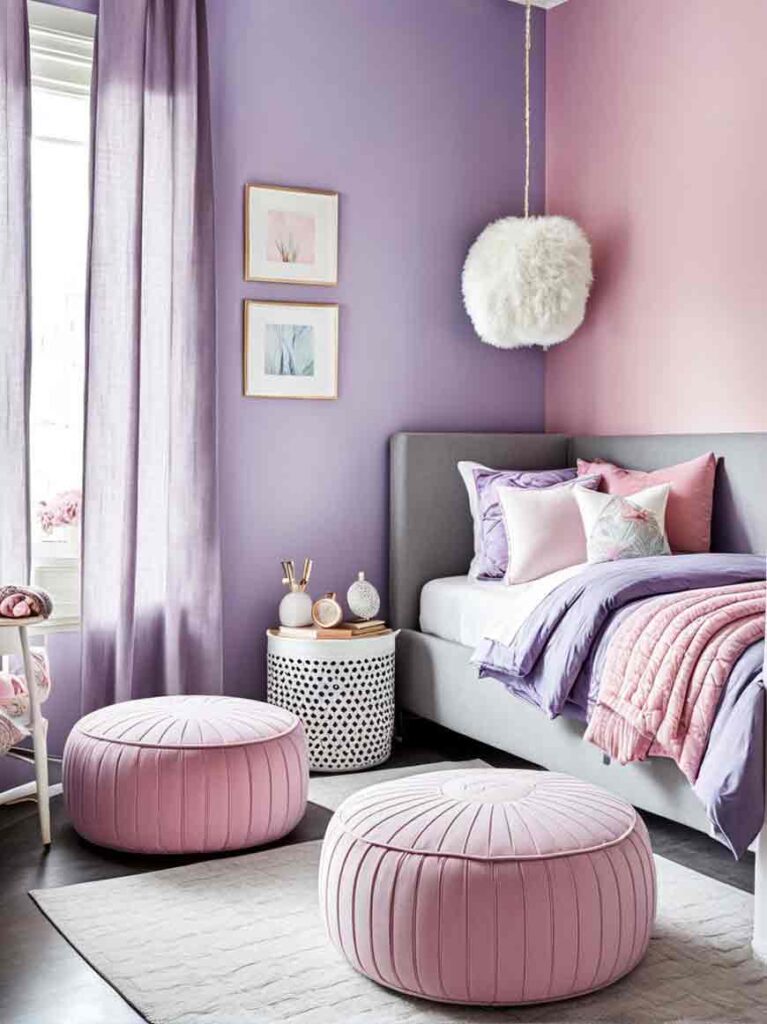 Pink, purple and gray kids bedroom