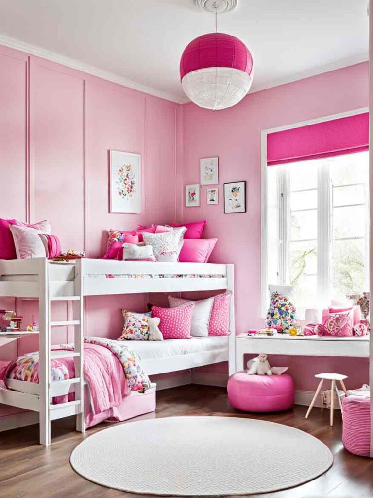 Pink and white girls bedroom with bunk bed