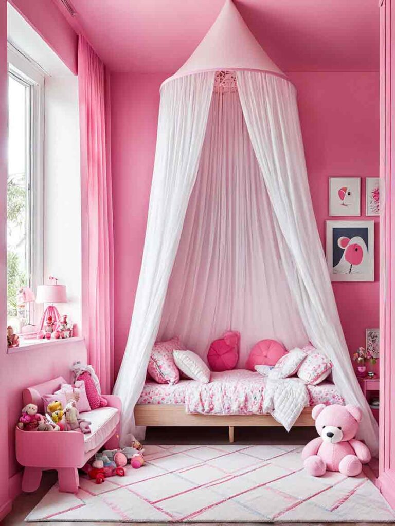 Pink girls bedroom with canopy bed