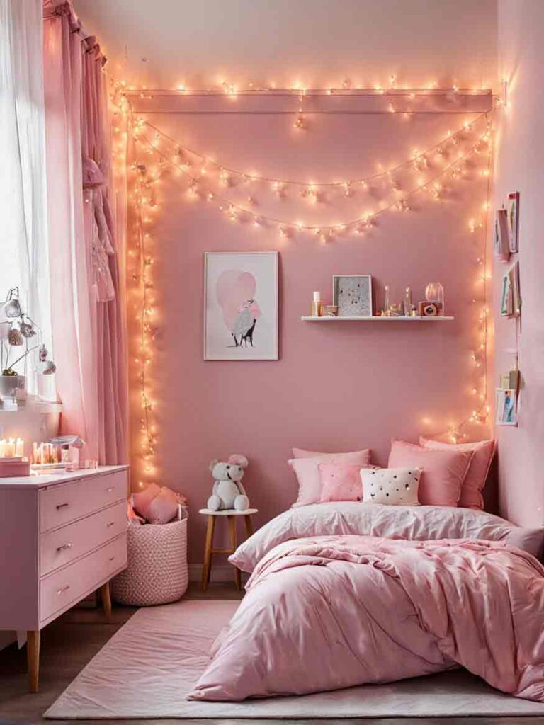 Small girls bedroom with pink color scheme and fairy lights