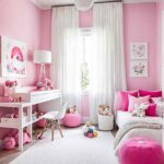 White and pink girls bedroom with writing desk