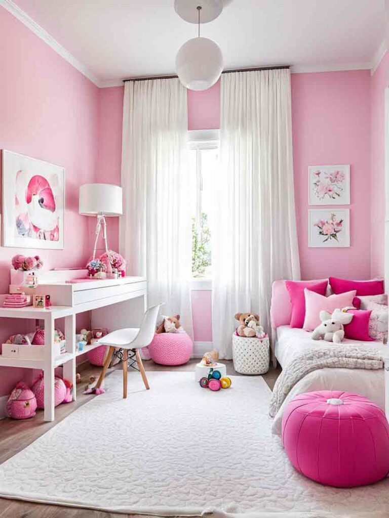 White and pink girls bedroom with writing desk