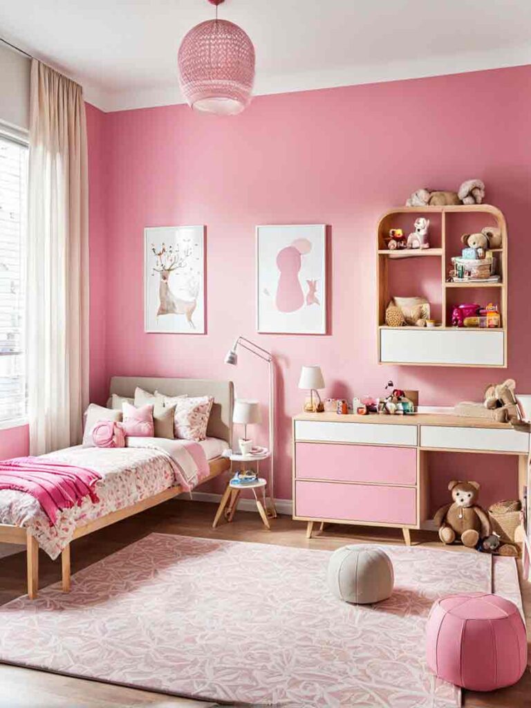 Pastel pink girls bedroom with retro furniture