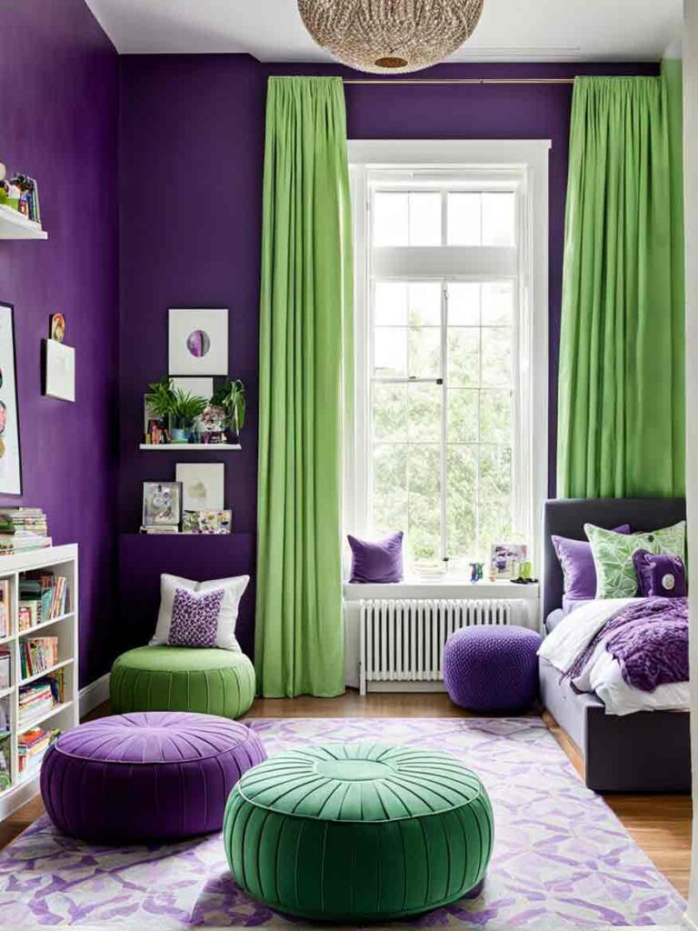 Bold purple and green kids bedroom idea