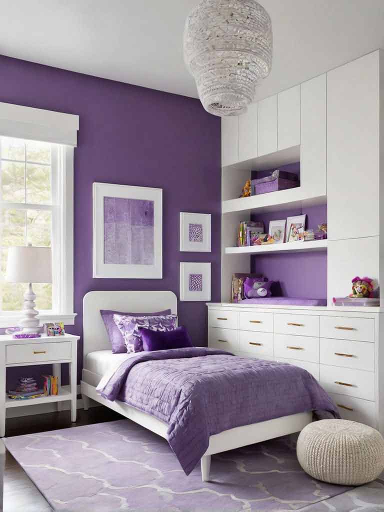 Kids bedroom with deep purple accent wall and white cupboards