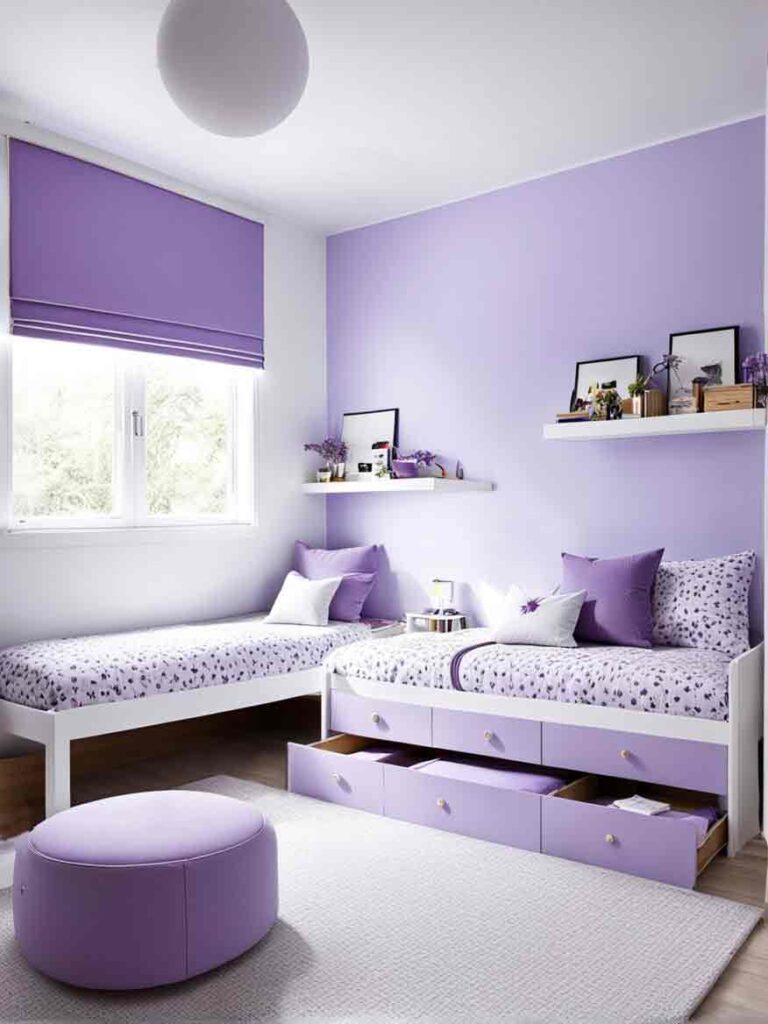 Lavender and purple kids bedroom with storage under bed