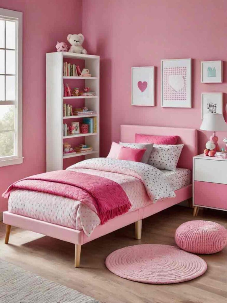 Simple pink girls bedroom with bookcase