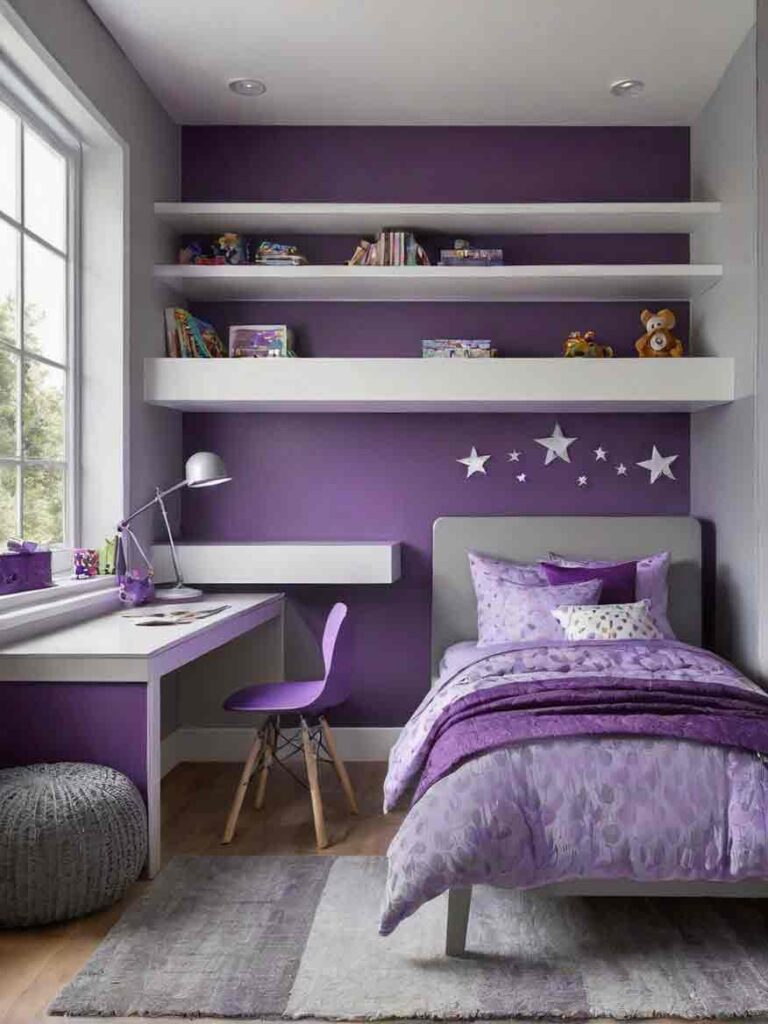 Small purple kids bedroom with gray accents