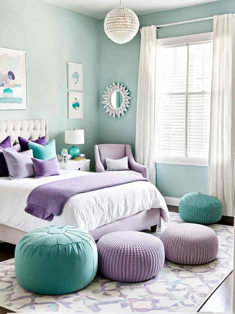 Soft teal an purple teen bedroom